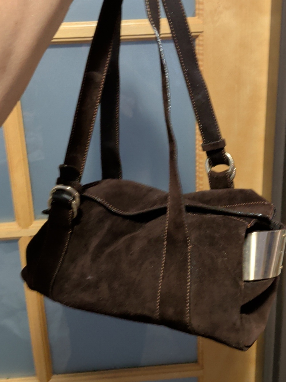 Hogan Dark Brown Stylish Shape Suede Women’s Shoulder Bag With Metal Side Detail